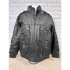 Vilanto Mens Genuine Leather Bomber Jacket 3XL Black Military Style Full Zip
